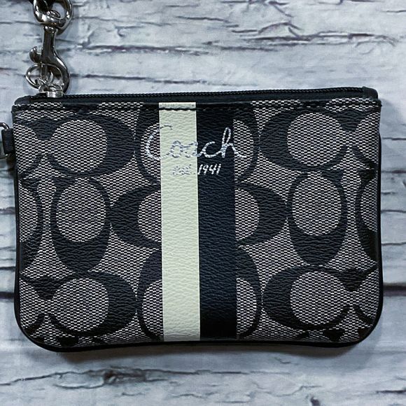 Coach Womens Purse Wristlet Gray Black Logo Zipper Close Blue Lining 6" x 4" - Picture 3 of 8